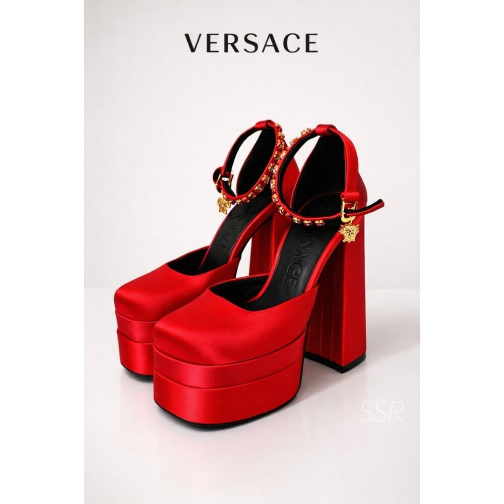 Versace Medusa Aevitas Red Platform Heels Satin Ankle Strap Made in Italy US7